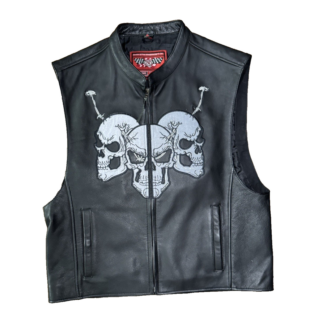 First Racing Motorcycle Biker Leather Vest Black Skull Patch Men's Large
